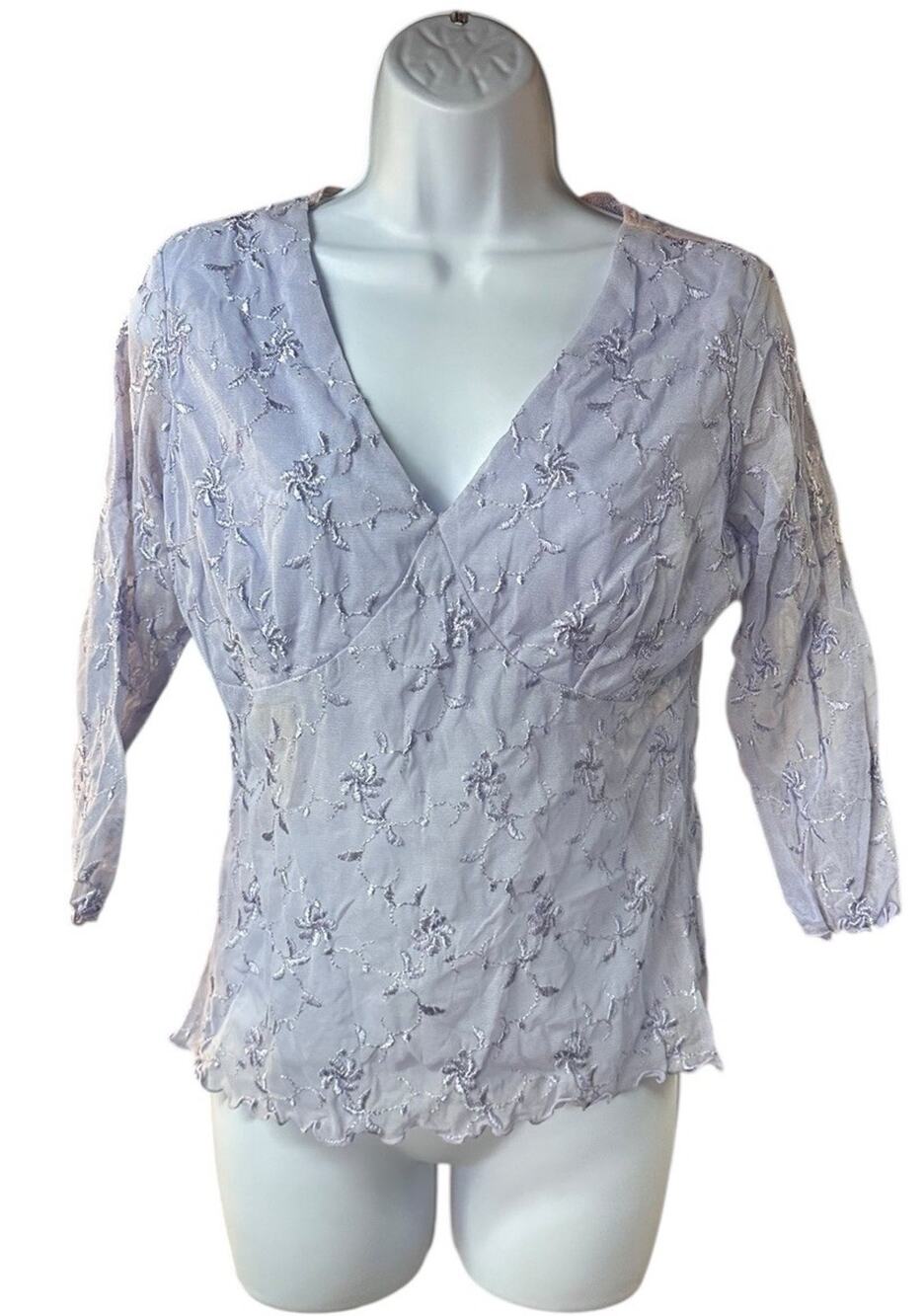 Moda International Y2K Sheer Mesh Embroidered V Neck Top Lilac Fairycore L